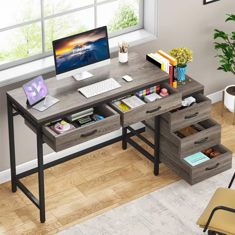 Cassey 51 In. Rectangular Industrial Gray Wood 5-Drawer Computer Desk, Revers... gallery