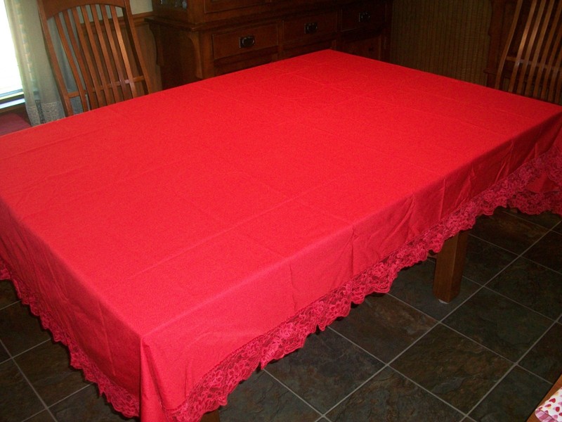 RED COTTON BLEND 90X59 TABLECLOTH TABLE COVER~3.5" RED LACE EDGING~NO TAGS~ gallery
