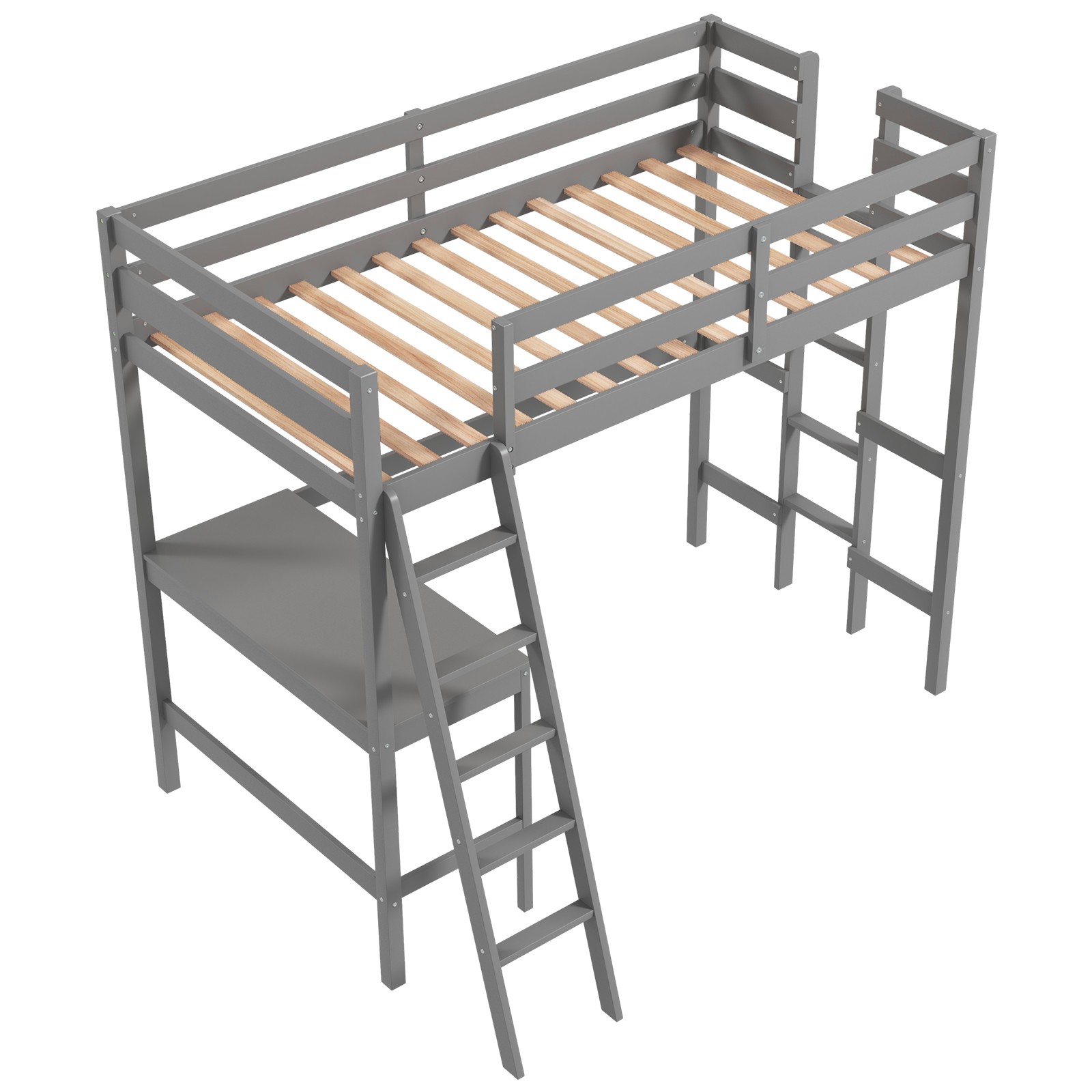 Twin Loft Bed Frame w/Built-in Ladder Solid Wooden Frame and Desk Angled Grey gallery