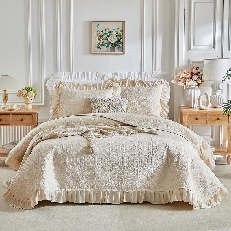 Ruffles Quilt Set Queen Size 96 * 96in - 3 Pieces Solid Shabby Chic Farmhouse... gallery