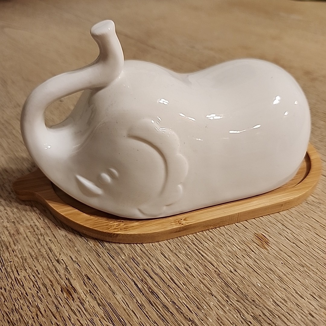 White Elephant Shape Butter Dish Lid Animal Theme Ceramic Elephant Wood Base gallery