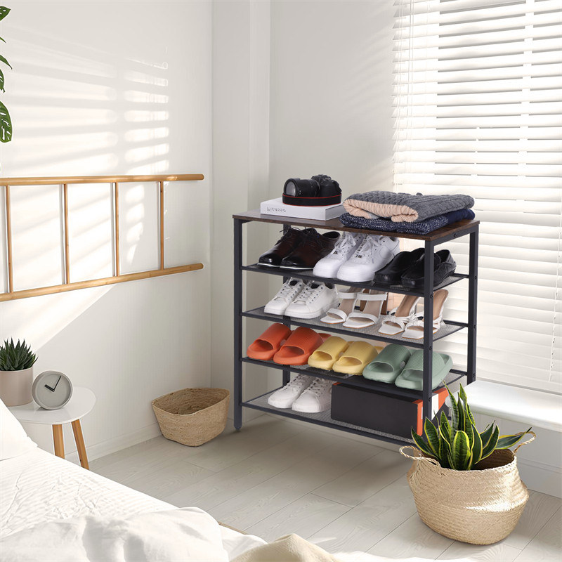 Rustic 4-Tier Wooden Shoe Rack with Coat Hook for Entryway and Mud Room gallery