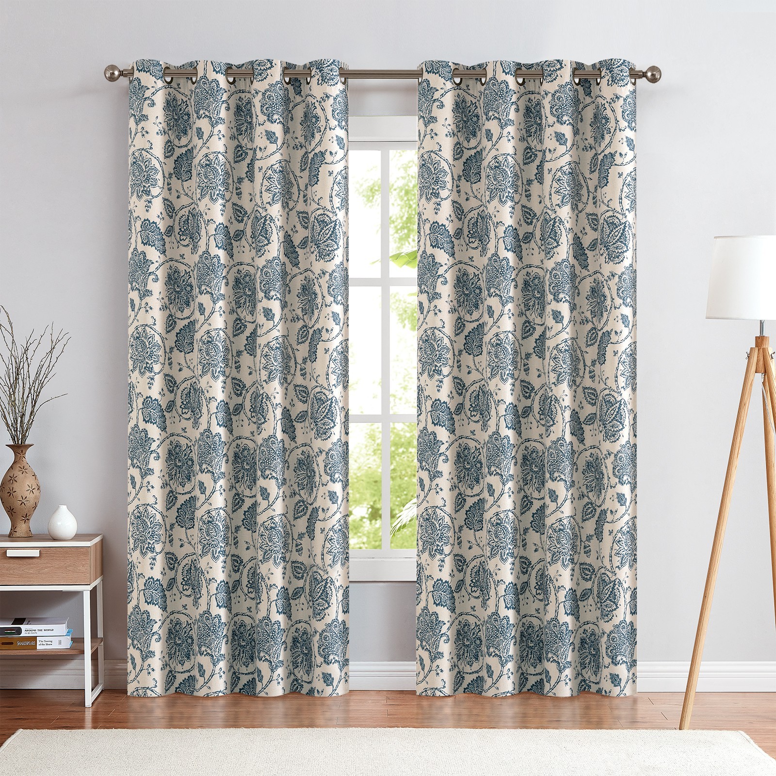 Floral Scroll Ikat Linen Curtains 2 Panels Grommet Room Darkening Bedroom 63" gallery