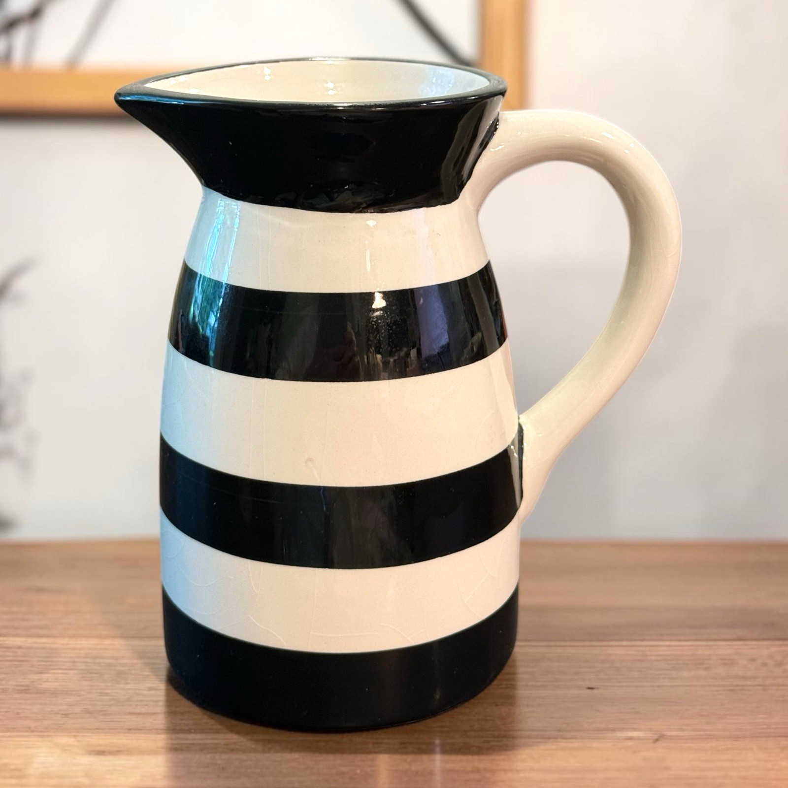 Black and White Striped Ceramic Pitcher IQ Accessories Decor Vase 6.25" Water gallery