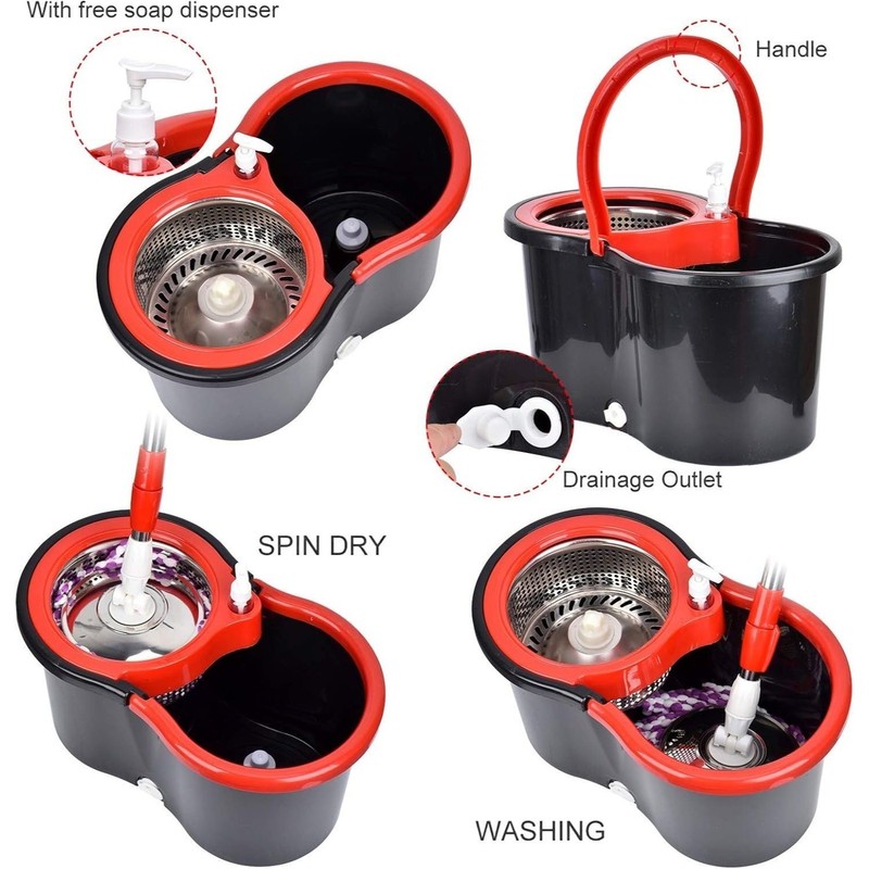 360° Spin Mop & Bucket Set Stainless Steel Wringer with Microfiber Refills US gallery