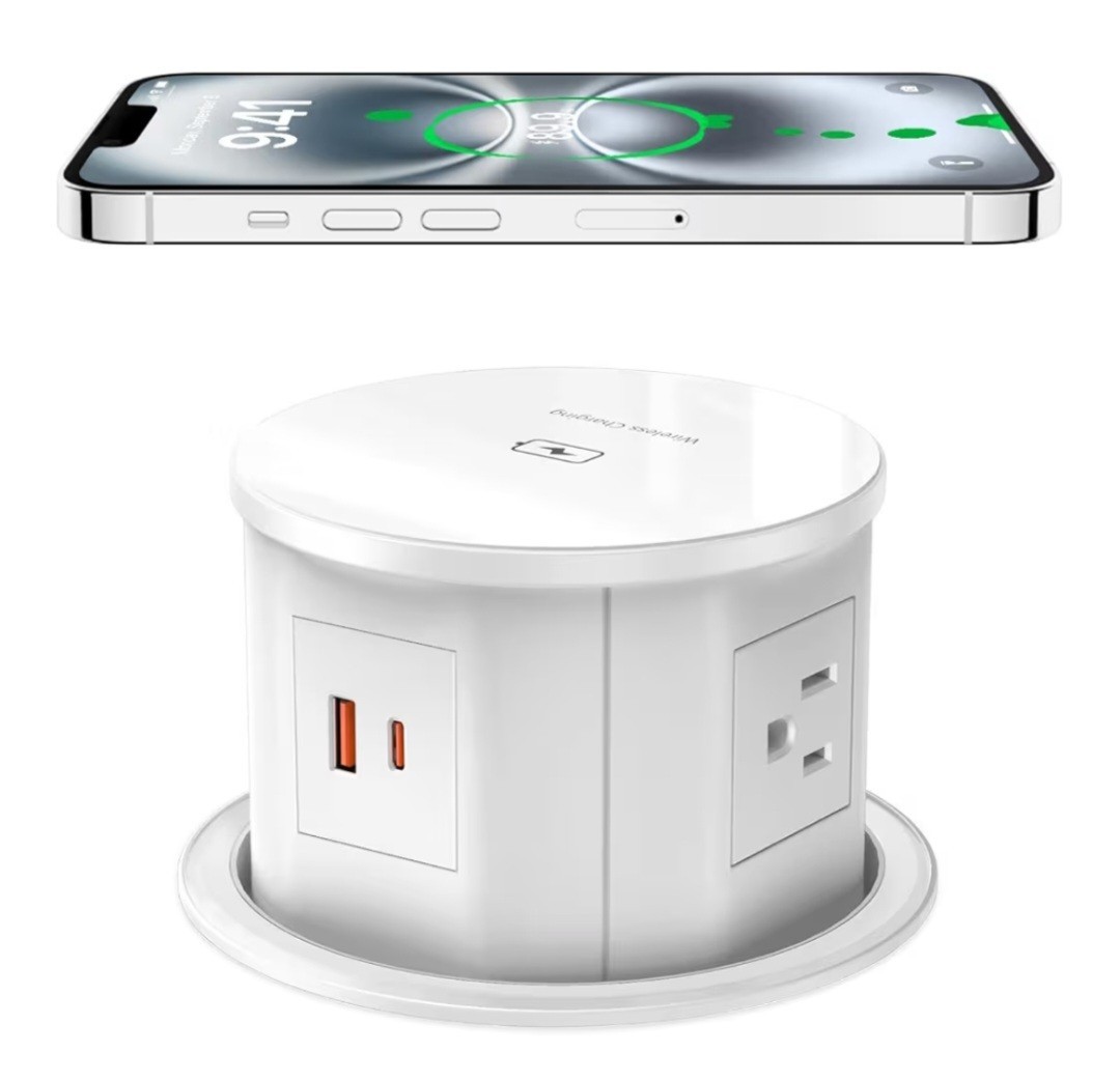 Pop-Up Retractable Countertop Outlet 4 AC, USB-A/USB-C, 15W Wireless, White gallery
