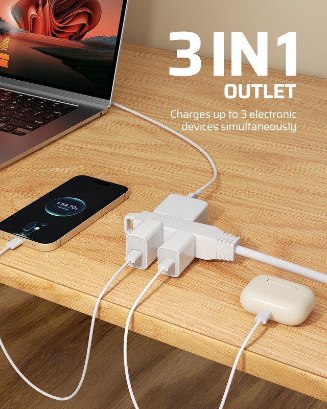DEWENWILS 10FT Extension Cord with 360° Rotating Flat Plug, 3 Outlet, 13A 1625W gallery