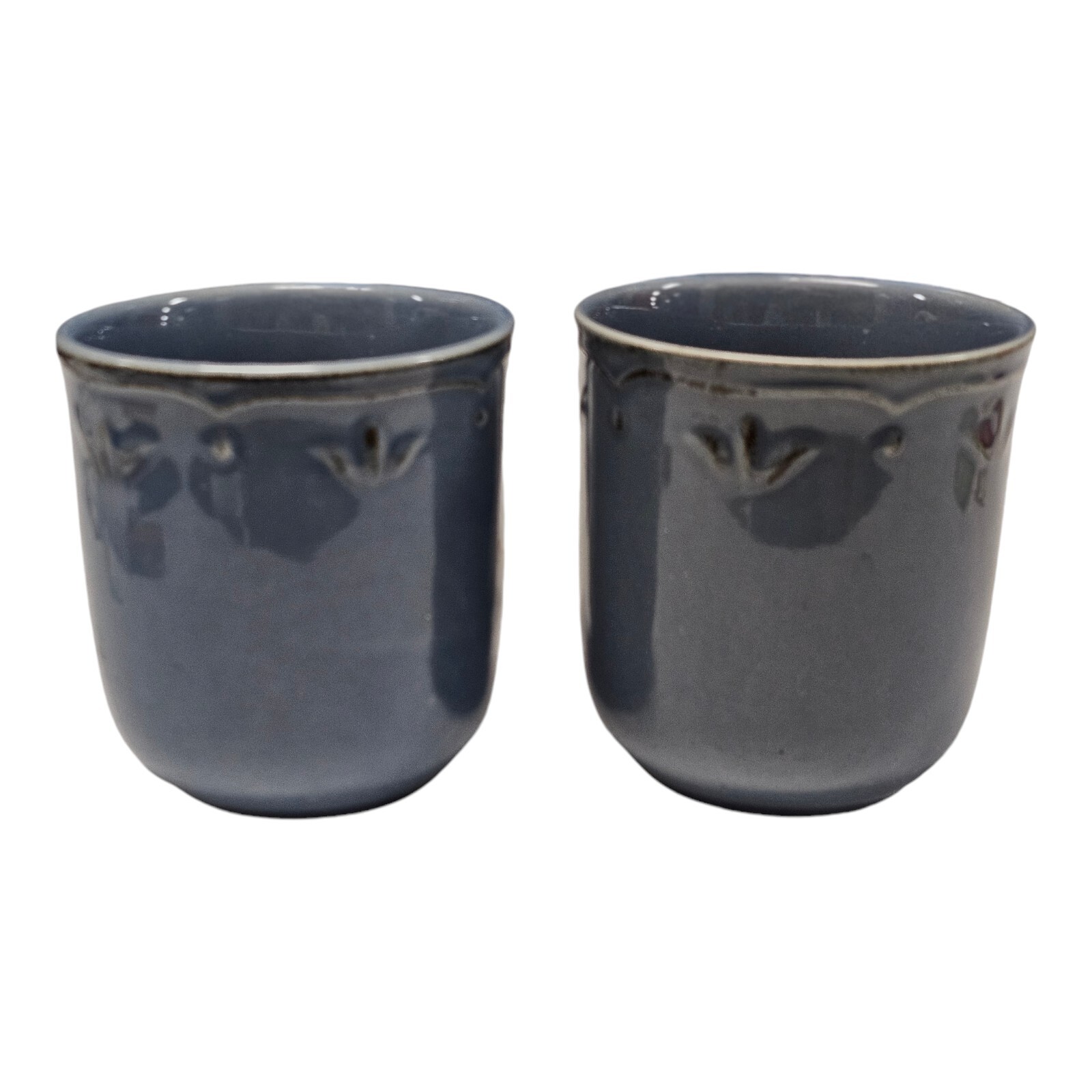 2 Thomson Pottery Slate Blue Embossed Mugs Cups NO Chips Cracks or Crazing READ gallery