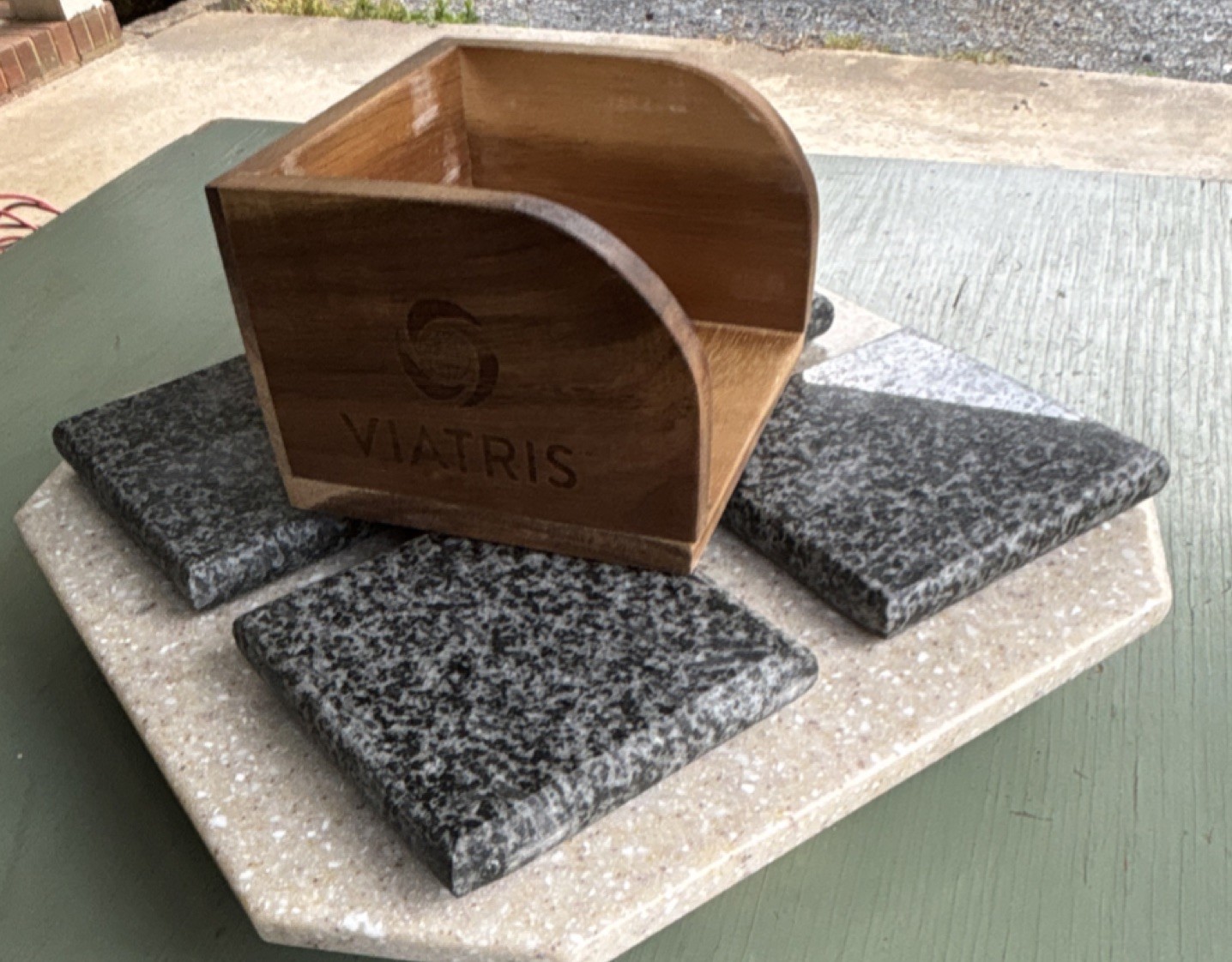 Viatris Stone Coaster Set Square Marbled Gray 4pcs Medium Brown Wood Holder gallery