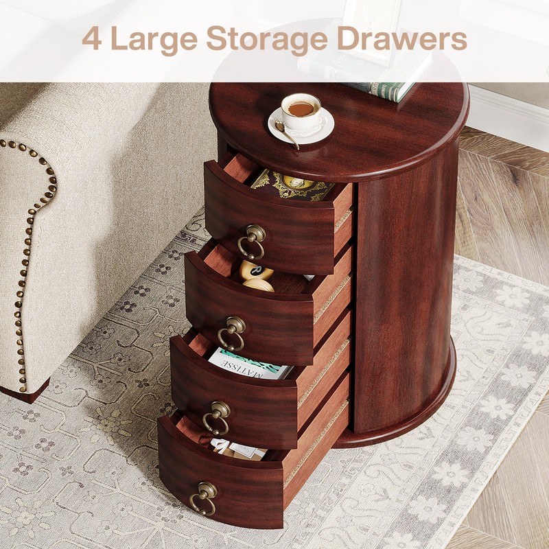 Solid Wood End Table, Round Side Table with 4 Drawers, No Assembly Required gallery