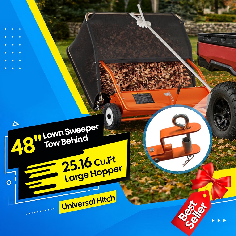 48" Tow Behind Lawn Sweeper Leaf Collector Sweeper for Lawn Grass Sweeper Hopper gallery
