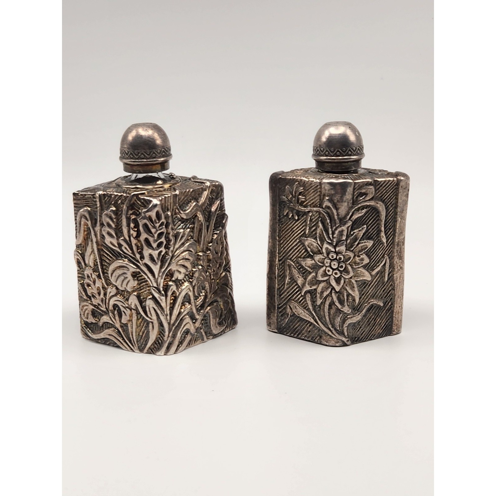 Vintage Silver Tone Repousse Floral Metal Perfume Bottles Set of 2 Botanical gallery
