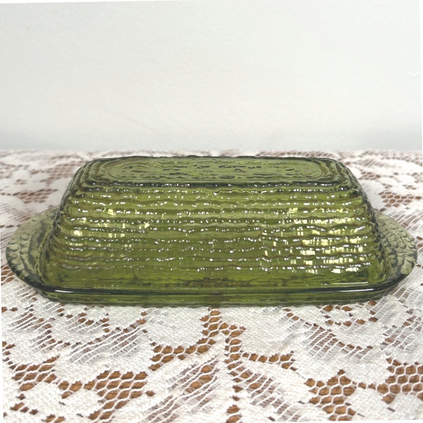 Anchor Hocking Soreno Avocado Green Textured Glass Butter Dish + Lid MCM Farm gallery