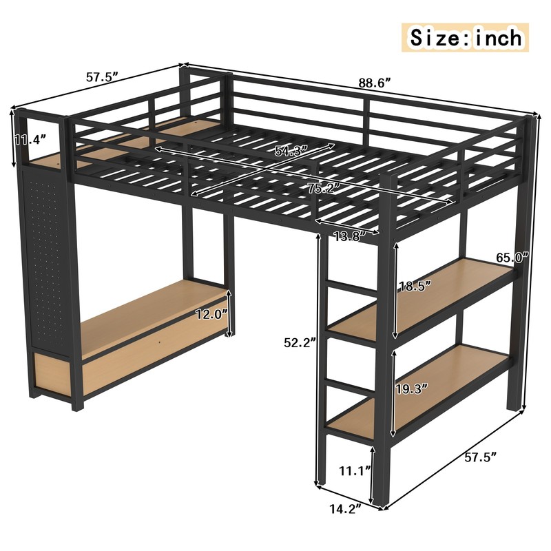 Full Size Loft Bed Frame w/Wardrobe,Metal Loft Bed with Storage Shelves Black gallery