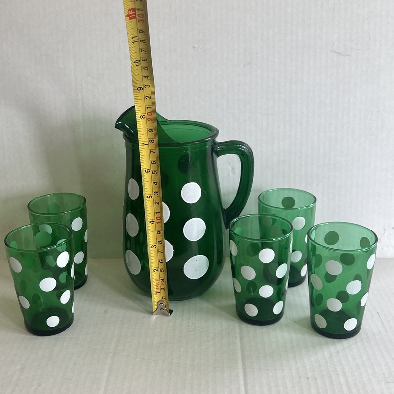 Anchor Hocking Forest Green White Dots 2 QT Pitcher Ice Lip w 5 Glasses 4 Inch gallery