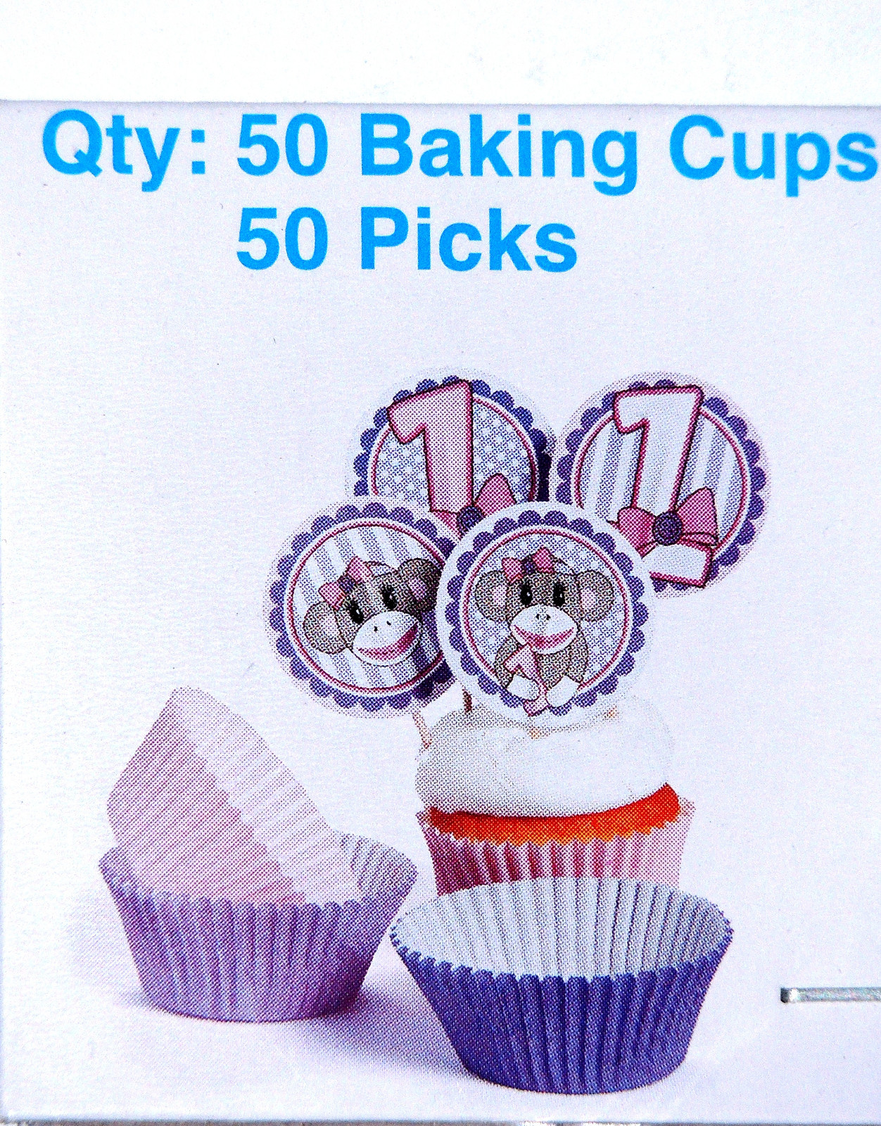 NEW MISS SOCK MONKEY 50 BAKING CUPS & PICKS , BIRTHDAY, CHILD , PARTY gallery