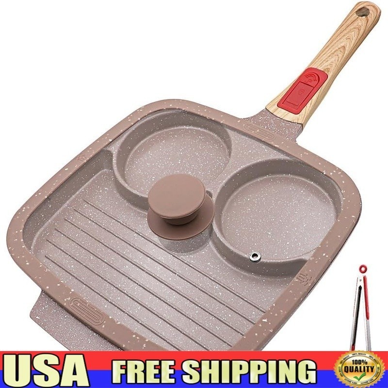 3 Section Ceramic Egg Pan Non Stick Detachable Handle Tempered Glass Lid Cooking gallery
