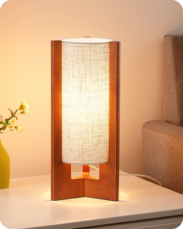 EDISHINE Small Corner Table Lamp Compact for Nightstand Walnut Wood gallery