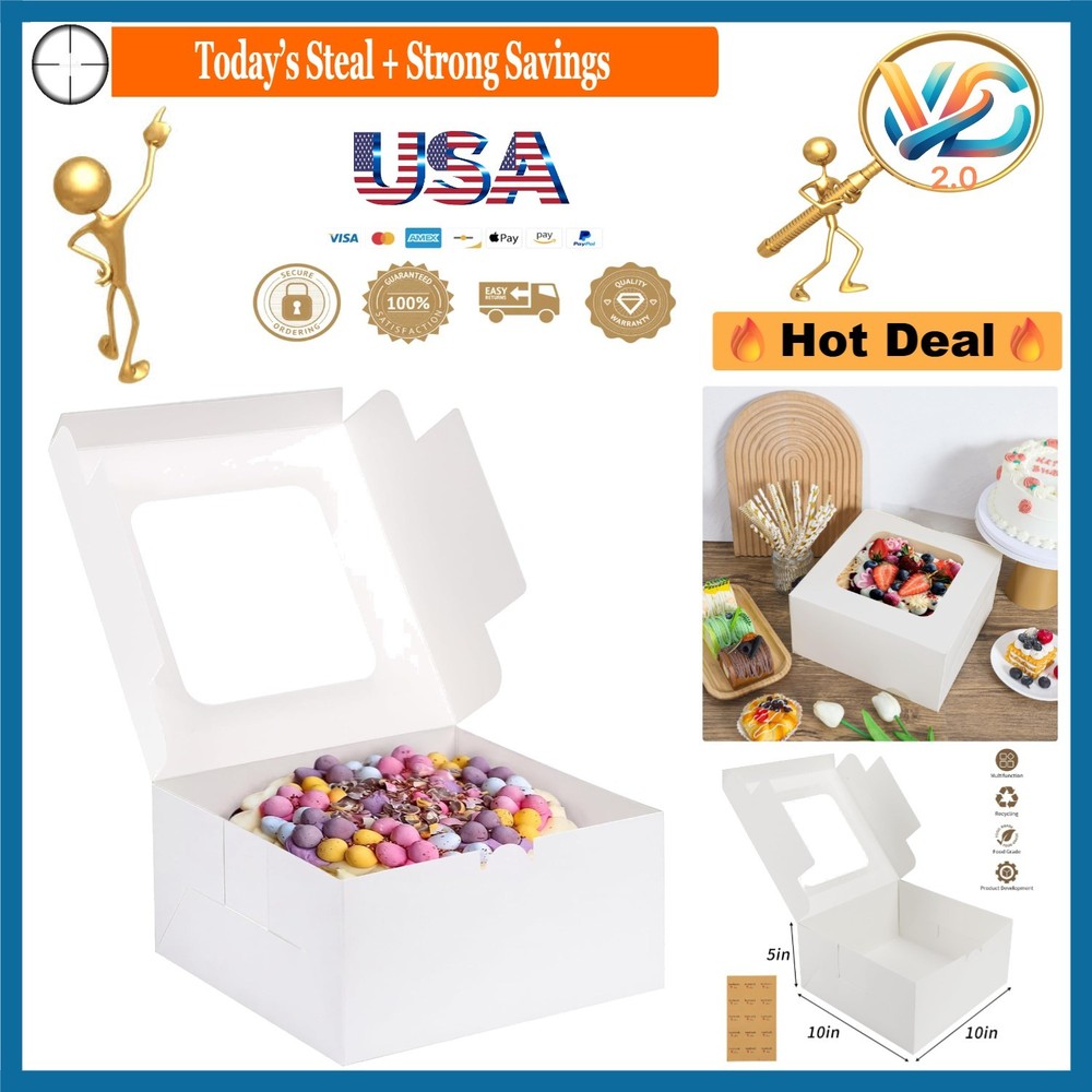 24 Pcs White Cake Boxes with Window 10x10x5 Inch Bakery Pastry Gift Boxes