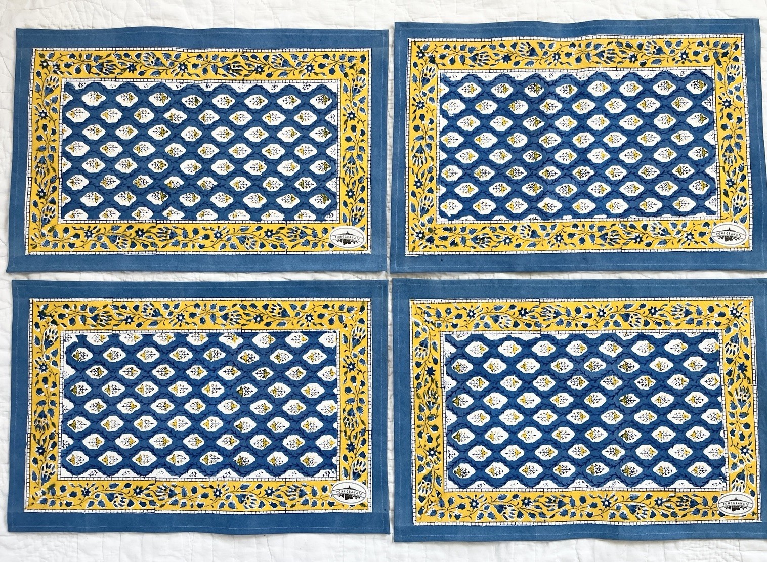 x4 NWT Pomegranate Provence Placemats Blue Yellow Block Print Cotton India 13x19 gallery