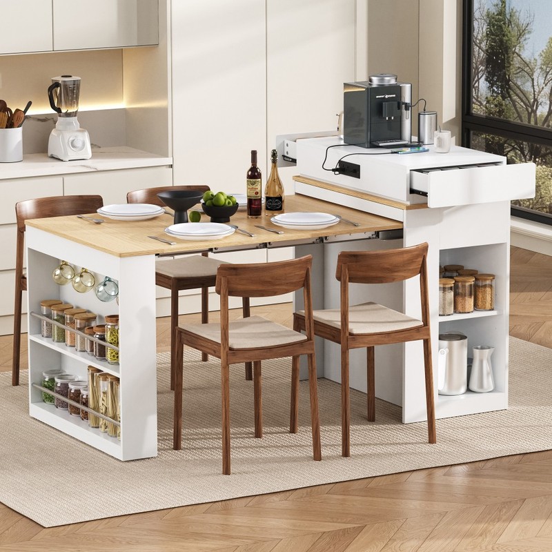 Extendable TREXM Rolling Kitchen Island with , Built-in Socket & Side Hooks gallery
