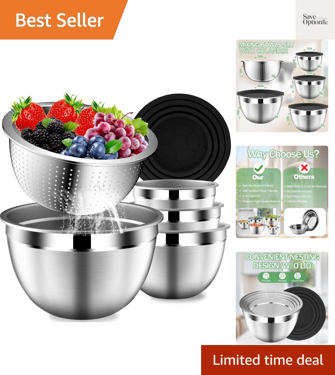 Mixing Bowls with Lids Set, Stainless Steel Mixing Bowls with Colander, Strai... gallery