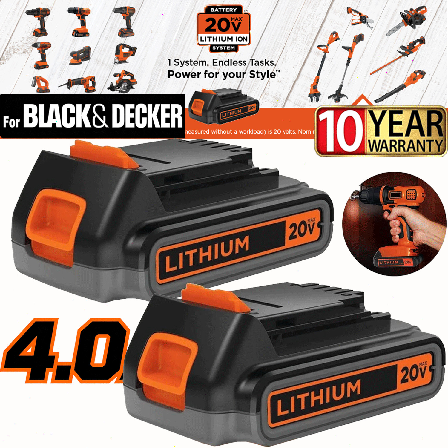 2PACK 20V Lithium-ion 4.0Ah Battery for BLACK DECKER 20 Volt LBXR20 LBX20 LB20 gallery