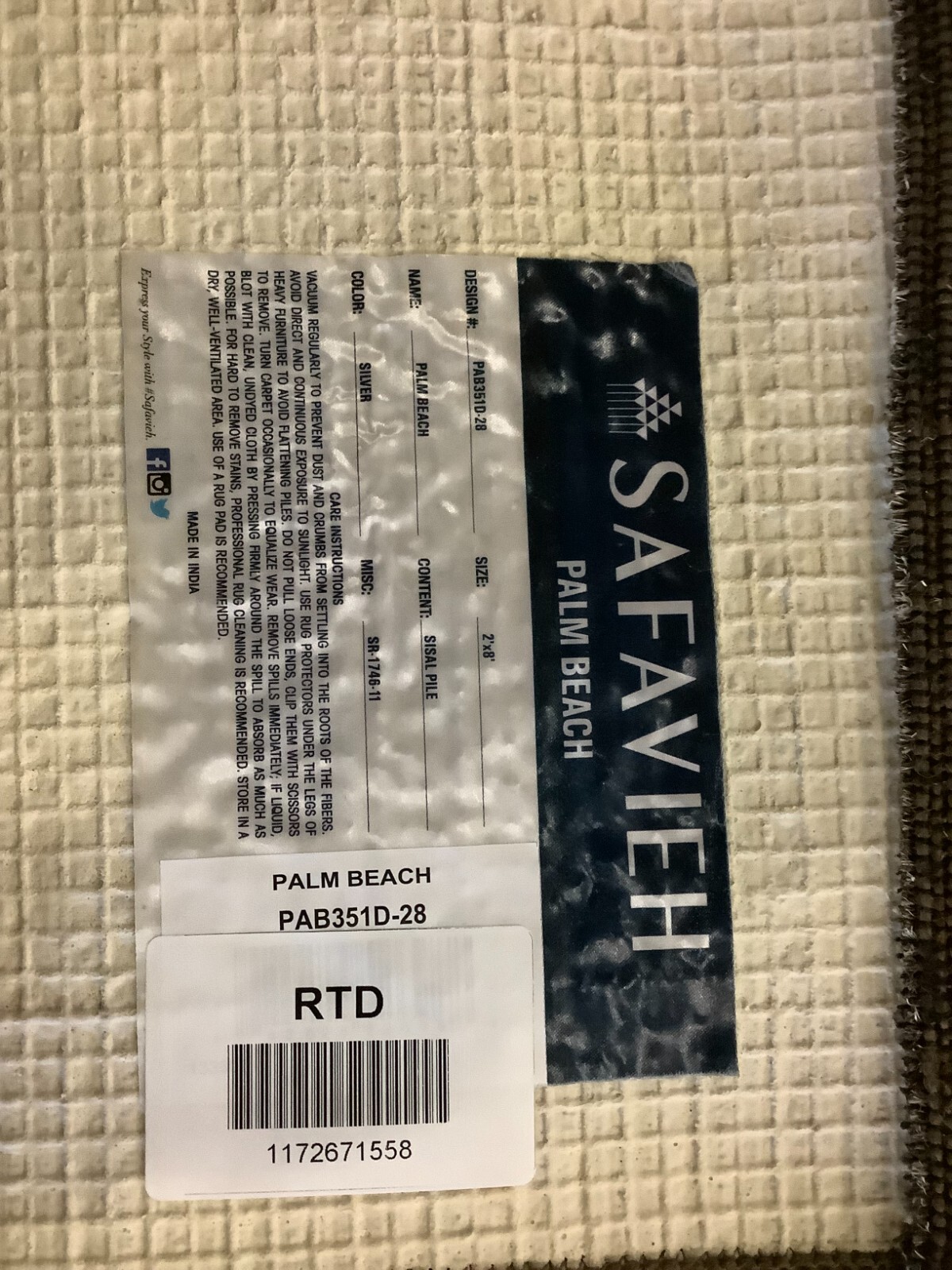 SILVER 2'-0" x 8'-0" Flaw in Rug, Reduced Price 1172671558 PAB351D-28 gallery