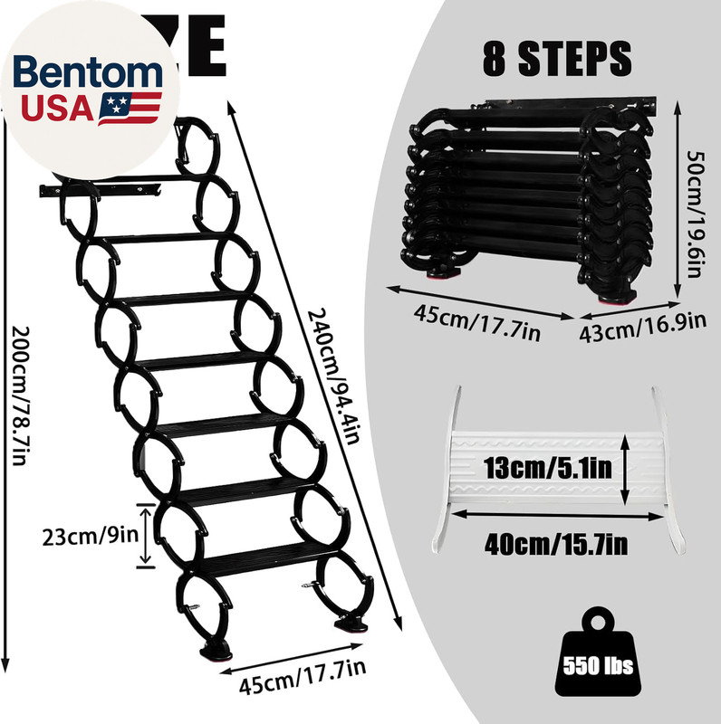 10FT Pull down Attic Stairs, 12 Steps Wall Mounted Folding Loft Ladder,Extension gallery