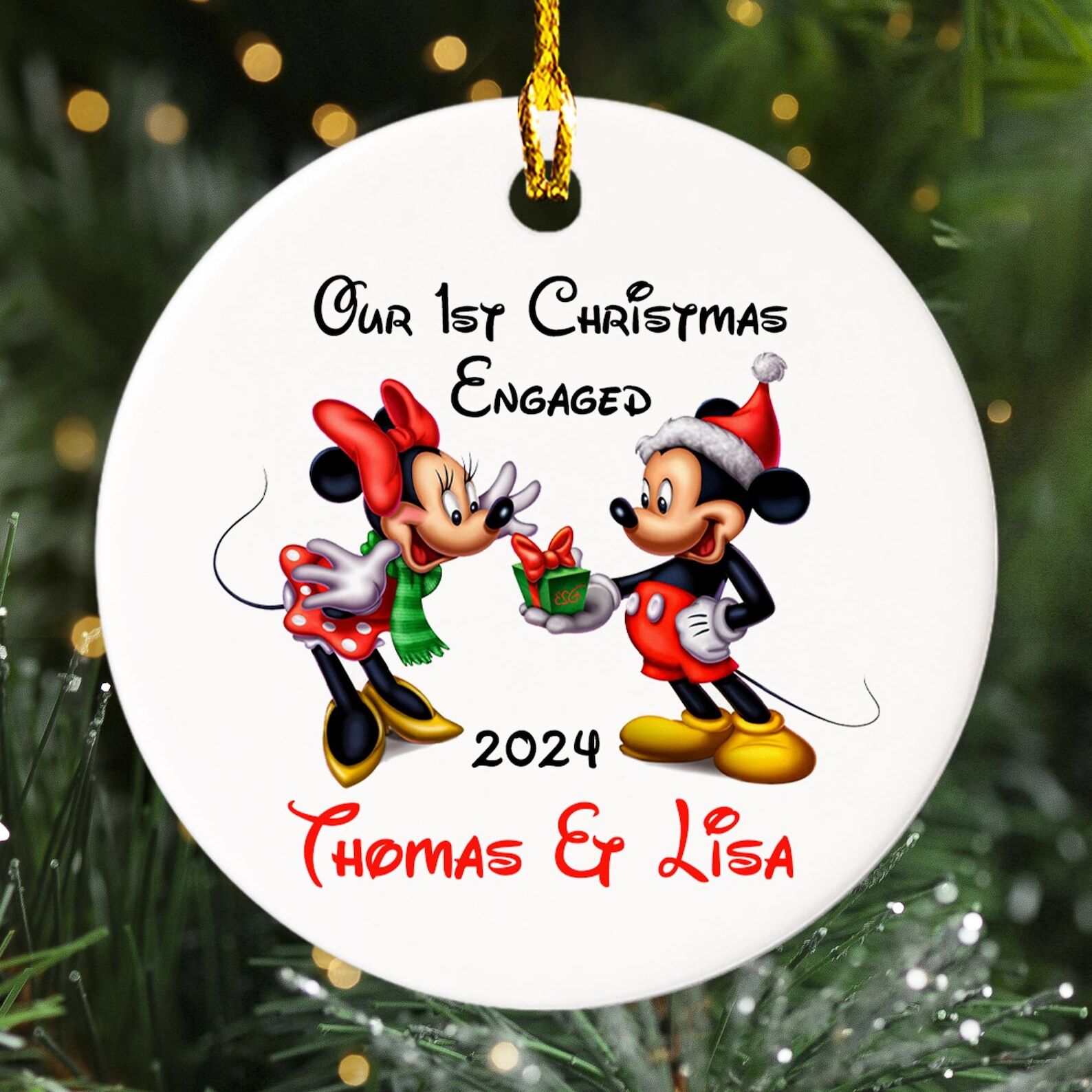 Personalized Mickey & Minnie Our First Christmas Engaged 2024 Ornament gallery