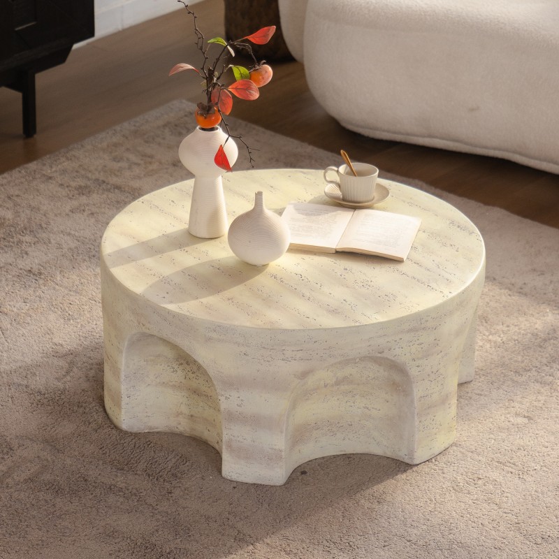 Round Magnesium Oxide Side Table Light Travertine Finish Indoor Outdoor Accent gallery