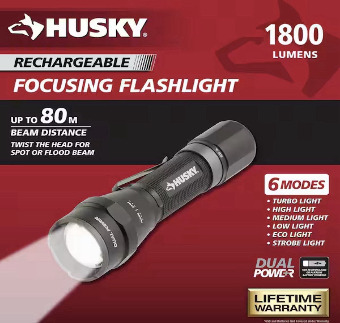 Husky Rechargeable LED Flashlight 1800 Lumens Dual Power Adjustable Focus 80m gallery