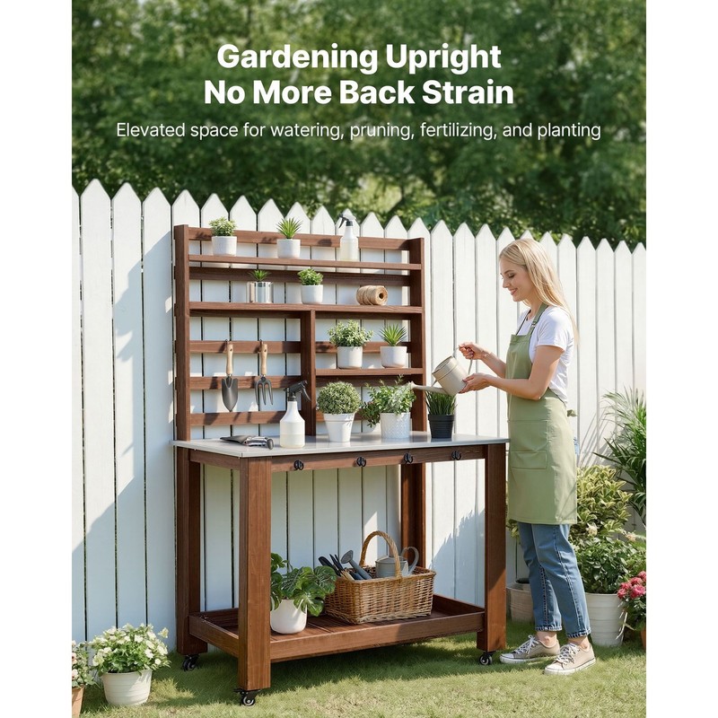 Garden & BBQ Prep Table 45x26in, 4 Casters, Stainless Steel, Shelves & Hooks gallery