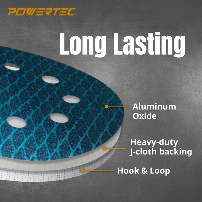 POWERTEC 5 Inch 8-Hole Hook and Loop Diamond Shaped Sanding Disc, 50PK, 120 Grit gallery