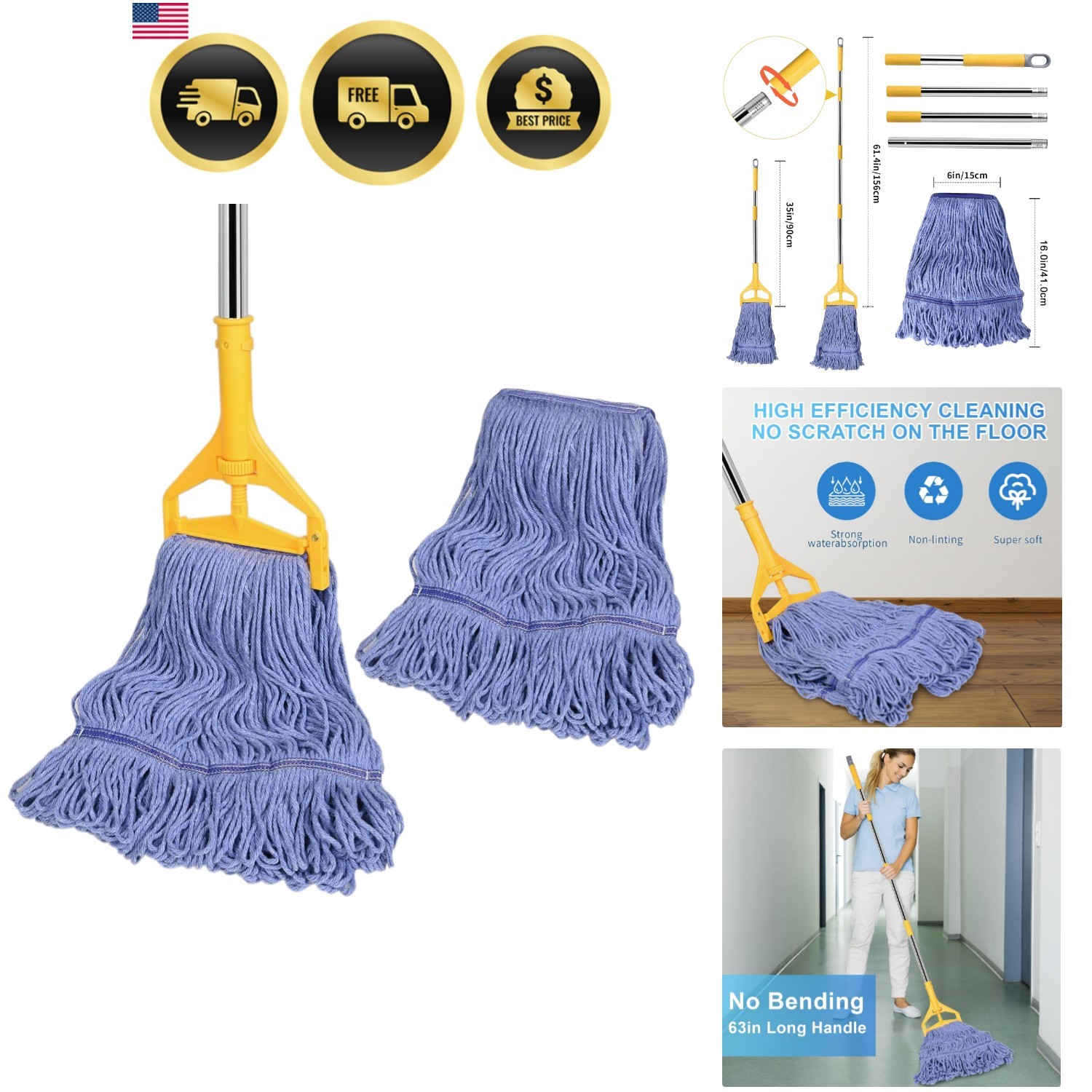 Commercial Mop with Extra Head Replacement, 63Inch Handle Heavy Duty Industri... gallery