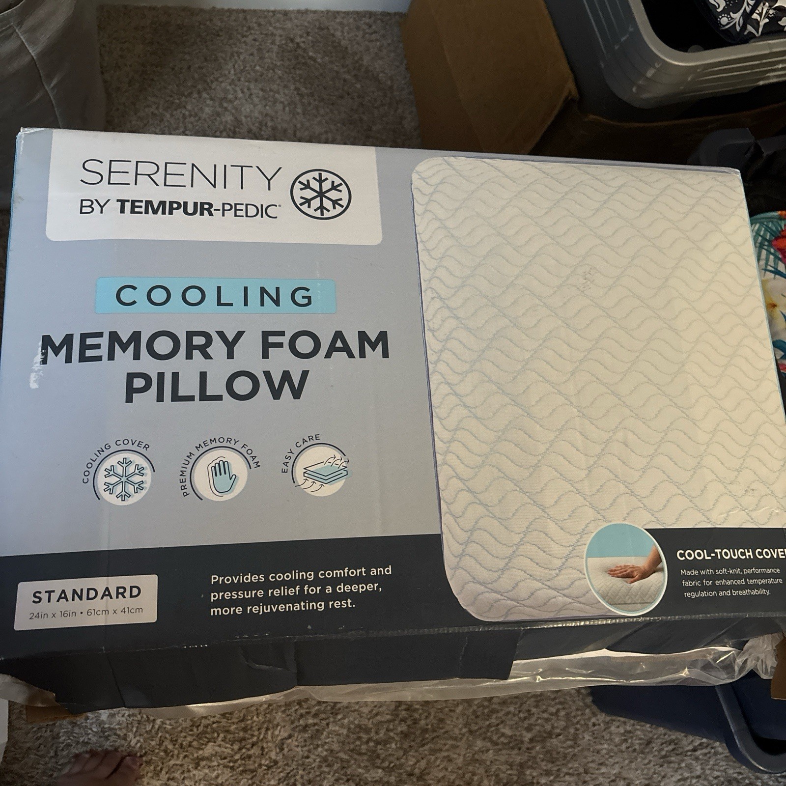 Tempur-Pedic Serenity Cooling Memory Foam Pillow, Standard, White/Blue Geometric gallery