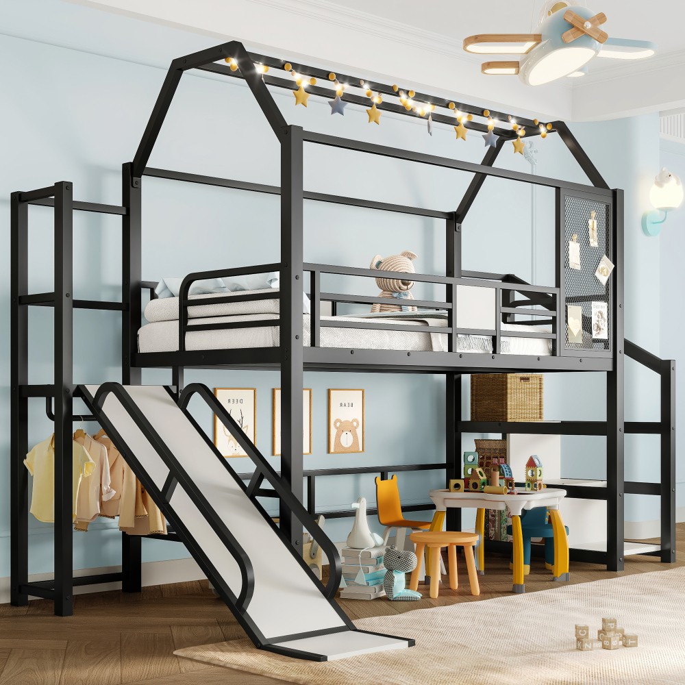 Twin/Full House Loft bed with Slide and Stairs, Metal Bed with Storage Shelves gallery
