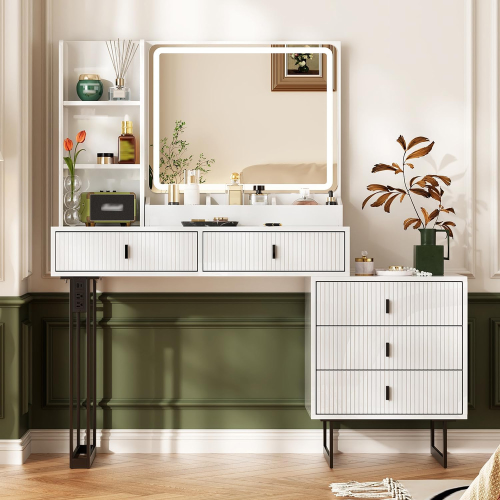 Modern Vanity Desk with Touch Screen Mirror & Charging Station, White