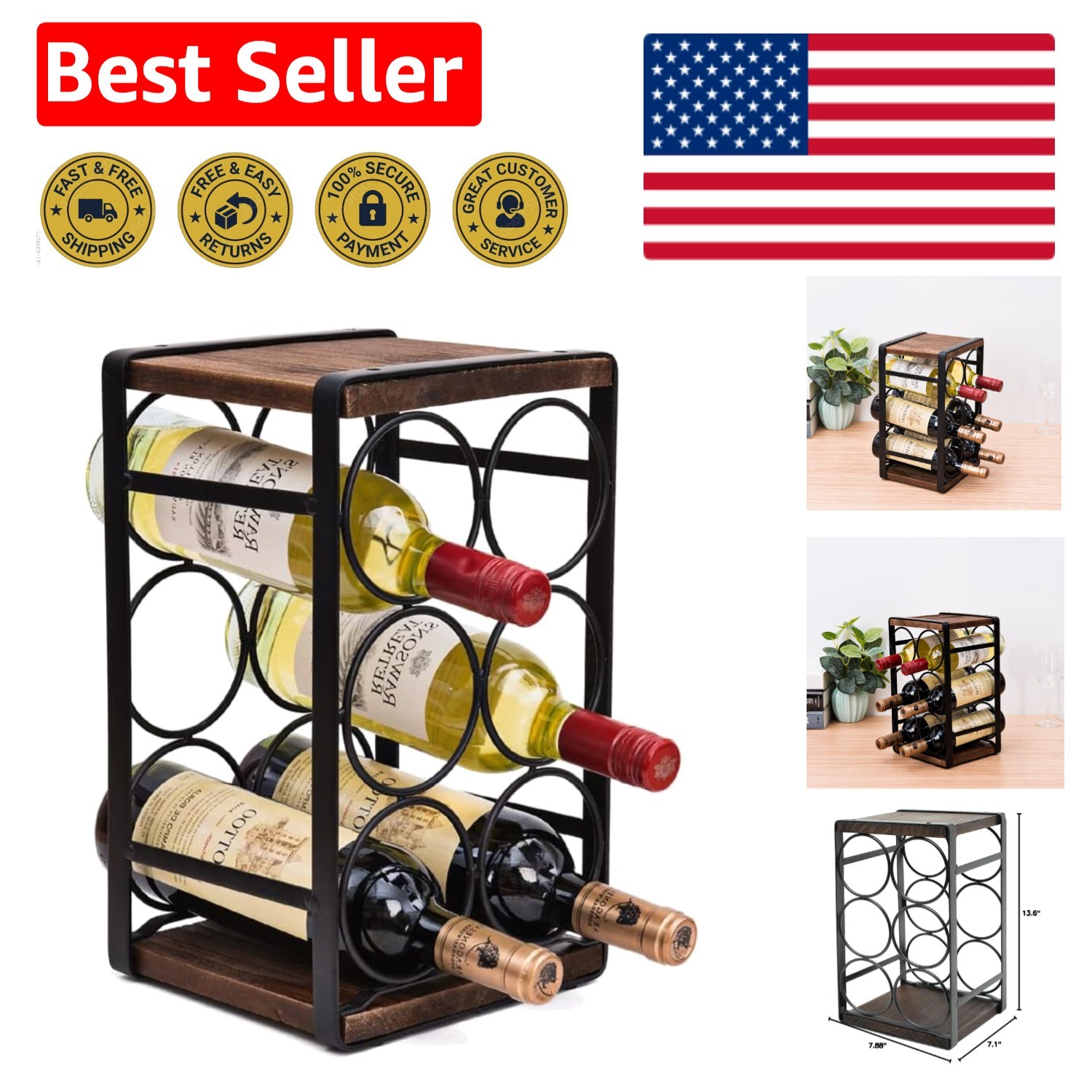 Rustic Wood Countertop Wine Rack for 6 Bottles - Easy No Assembly, Brown Eleg... gallery