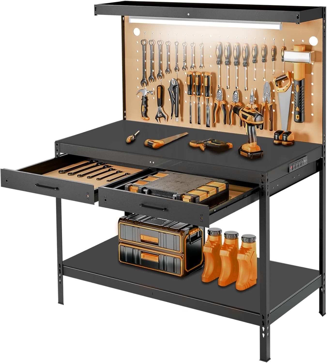 Work Benches for Garage Heavy Duty Workbench with Drawers Lights Pegboard gallery