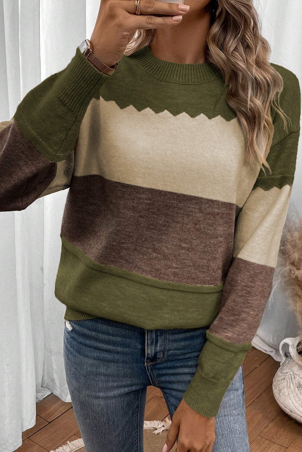 Brown Colorblock Crew Neck Drop Shoulder Sweater gallery