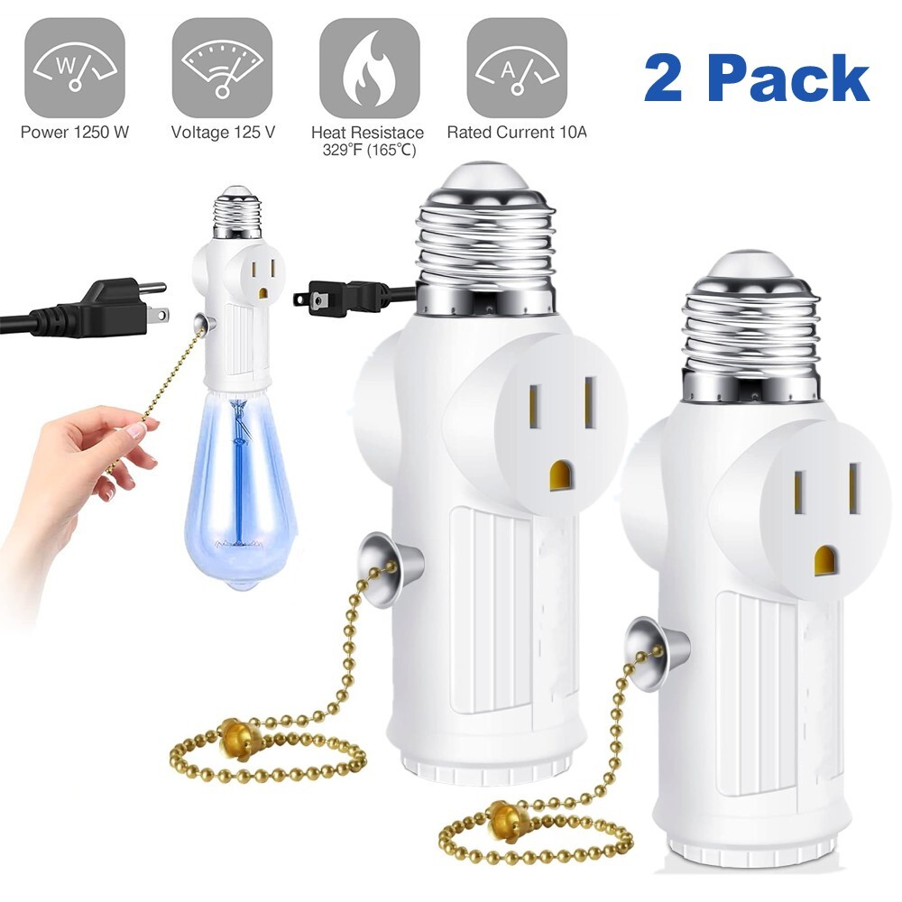 2 Pack E26 Light Bulb Socket Adapter With 2 AC Outlet Plug And Pull Chain Switch gallery