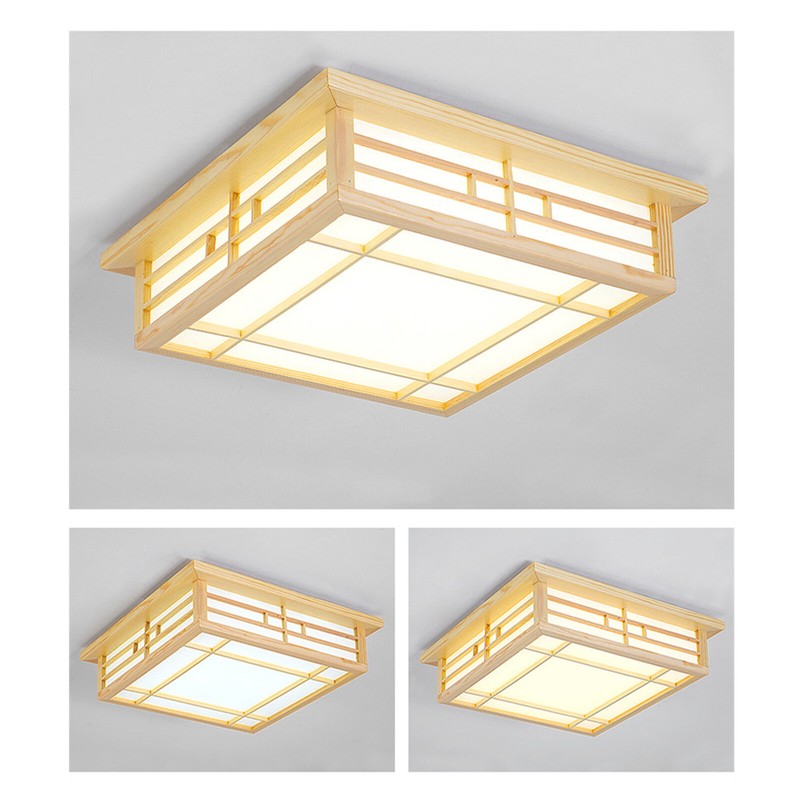 Wood Square Tatami Ceiling Light LED Chinese Japanese Grid Lamp Fixture w/Remote gallery