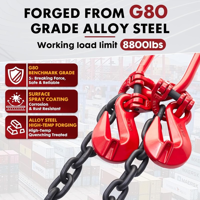G80 Shipping Container Loading Chain 1/2" x 5', Container Hooks w/ Hot Dip Chain gallery