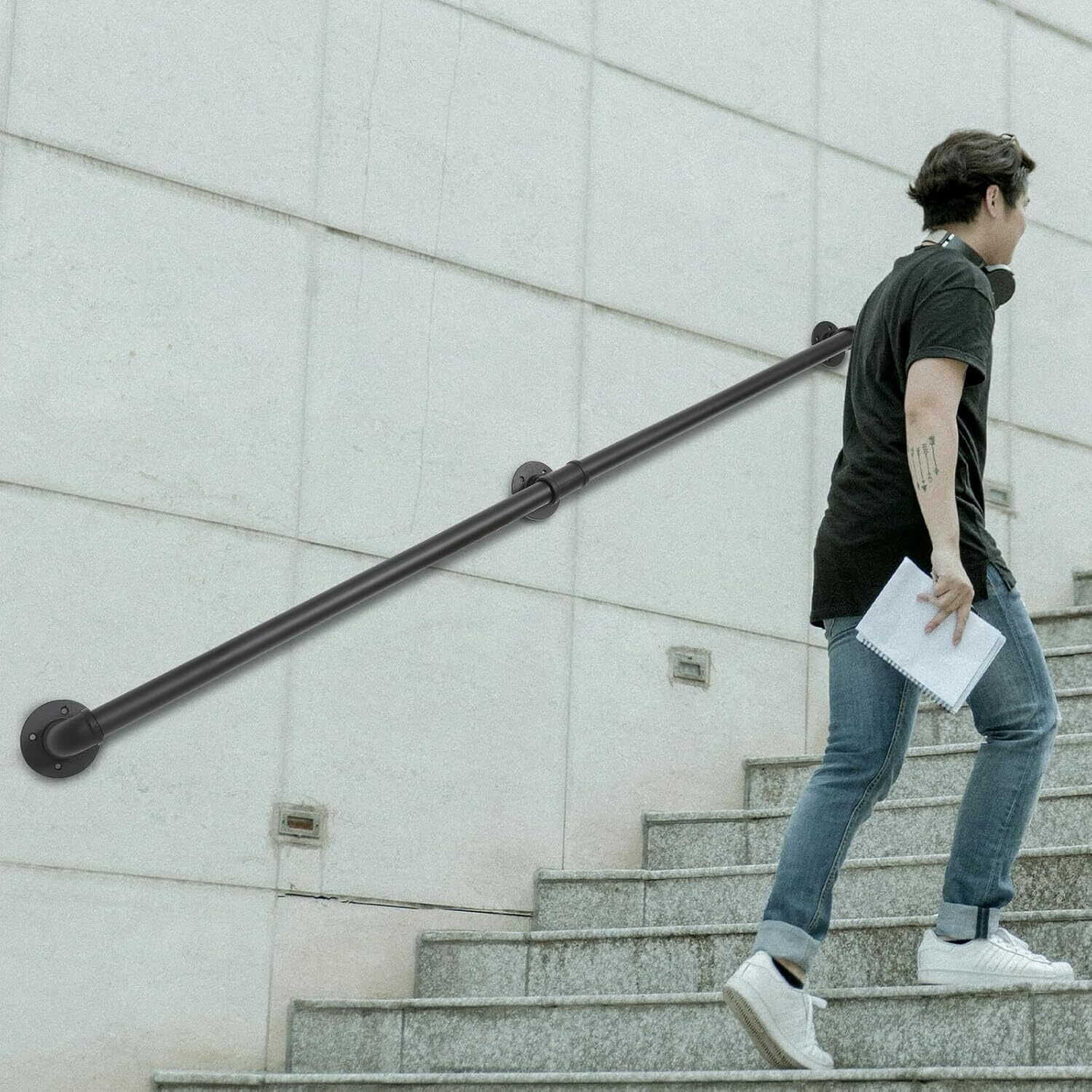 5Ft Pipe Stair Handrail Metal Staircase Handrail Black Industrial Iron Hand Rail gallery