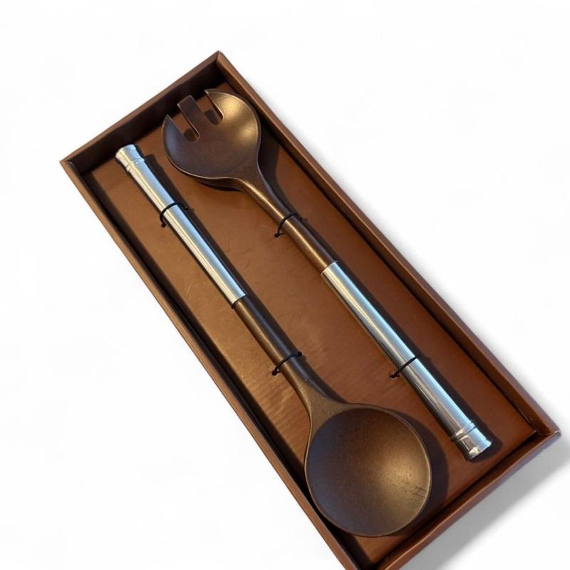 Atticus Salad Server Set 2pc Wood & Stainless Steel Mid Century Modern NOS Gift gallery