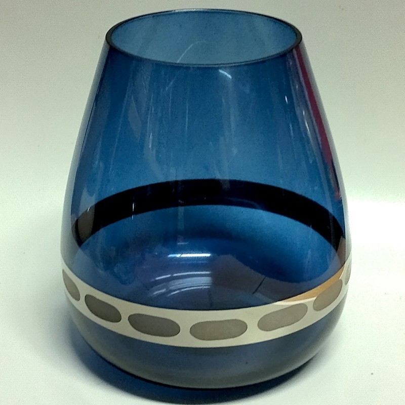 Cobalt Blue Glass Vase Tear Drop Shape Etched Silver Tone Chrome Band 6.5" gallery