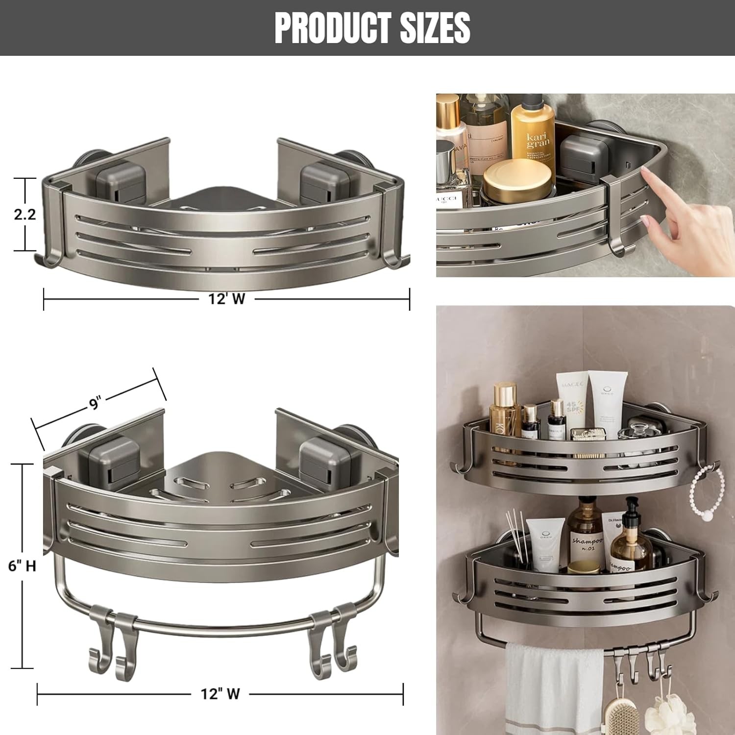 2Pcs Corner Shower Shelf Caddy Suction Cup,No Drill Hole with Towel Bar and Hook gallery