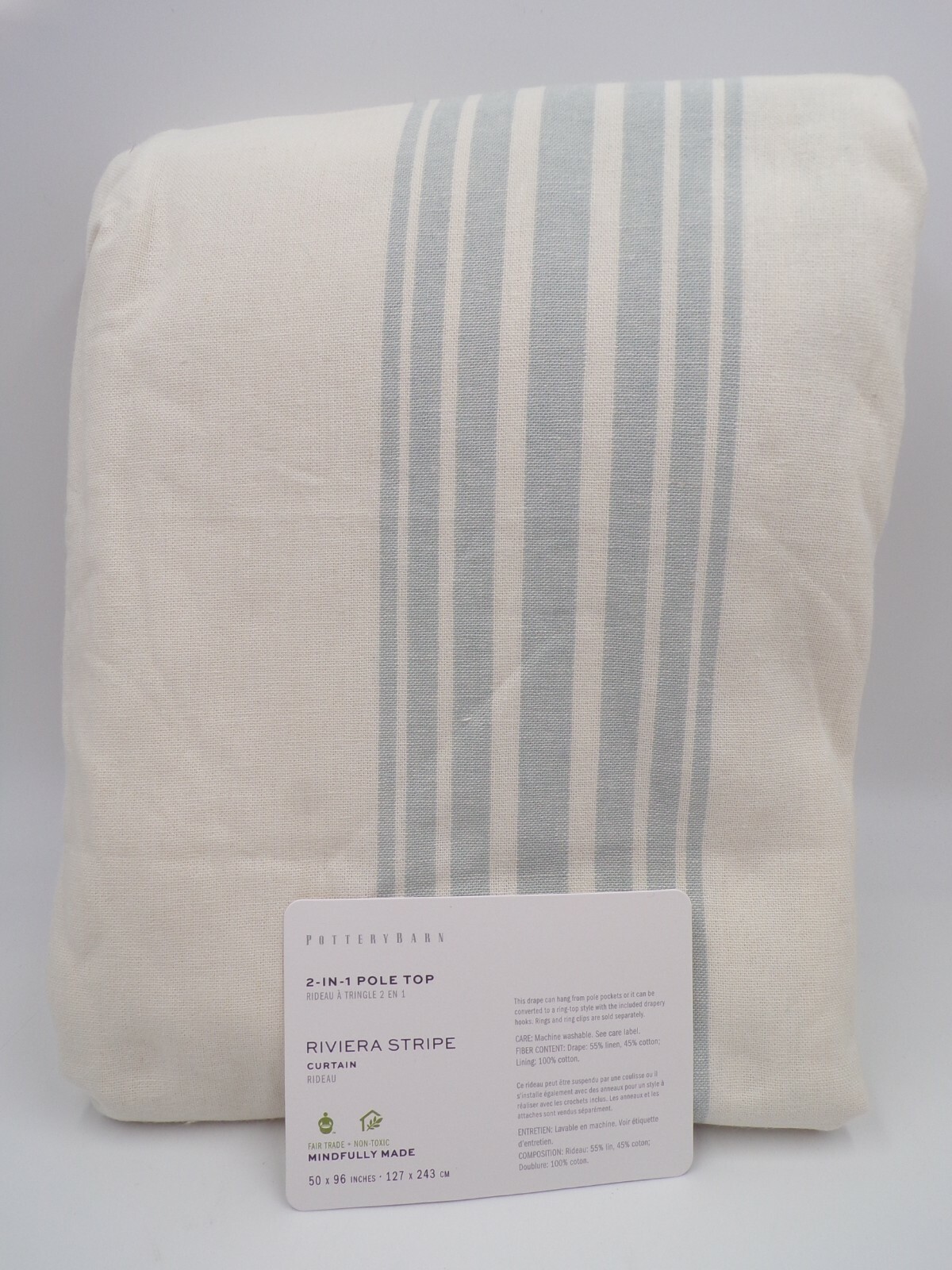 Pottery Barn Riviera Striped Cotton Lined Drape Panel Porcelain Blue 50x 96" #Q6 gallery