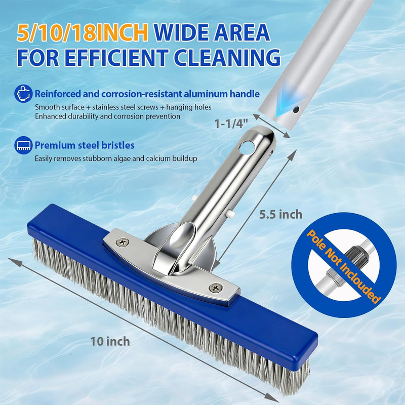 10-Inch Pool Brush Head - Combo Nylon & Stainless Steel Wire Bristles, Heavy Dut gallery